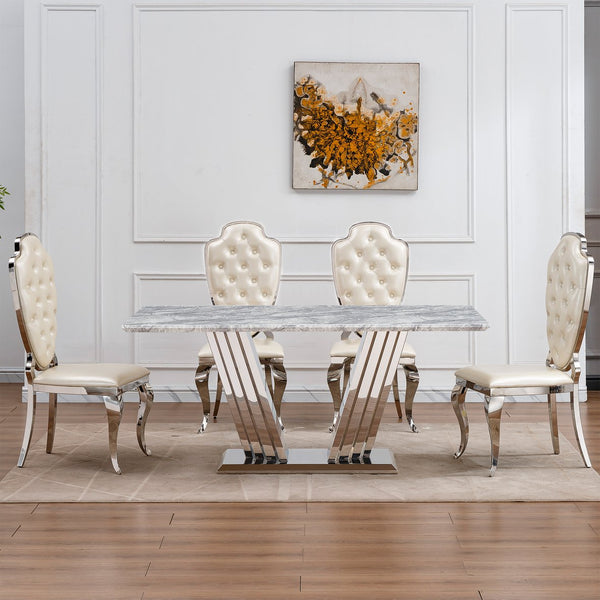 English Elm Marble Dining Table For 6-8 People, Stylish Rectangular Faux Marble Top With Chrome Base Elegance W3456S00022