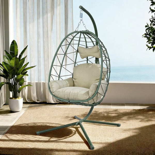English Elm Hanging Egg Chair Pe Wicker Swing Seat with Stand Washable Cushion Patio Balcony T5880P497577