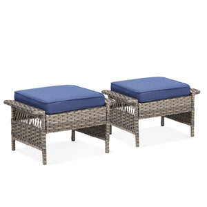 English Elm Outdoor Handwoven Pe Wicker Ottoman Set Patio Footrests with Weather Resistant Cushions Blue T3773P416509