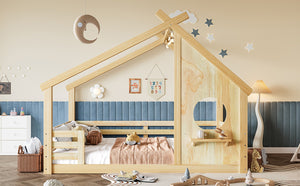 English Elm Twin House Bed Low Profile Pine Wood Frame with Shelf Montessori Kids Floor Sleeping Natural W5305P429645
