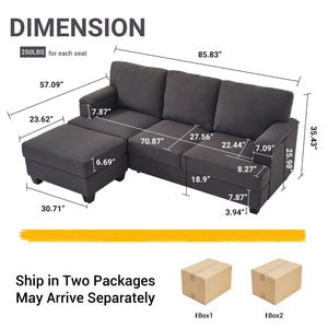 English Elm 86" Linen Sectional Sofa with Storage Ottoman Reversible Chaise for Small Spaces Dark Gray W1669S00038