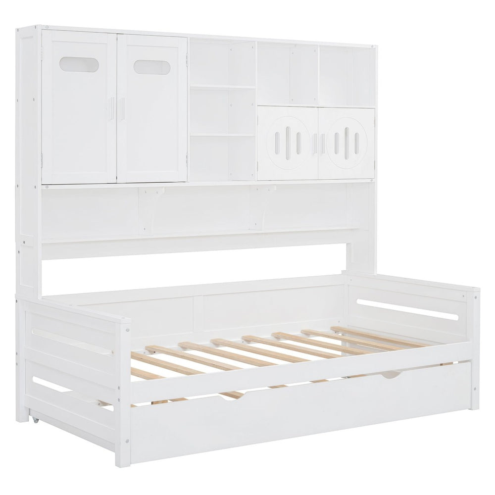 English Elm Twin Size Daybed With Trundle & Integrated Storage Shelf - Modern White Design For Kids & Teens N820S00026K-GIGA
