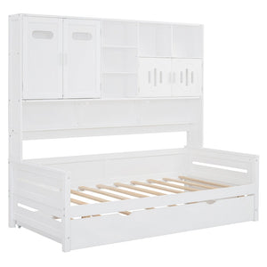 English Elm Twin Size Daybed With Trundle & Integrated Storage Shelf - Modern White Design For Kids & Teens N820S00026K-GIGA