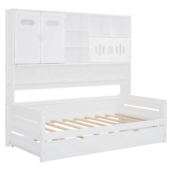 English Elm Twin Size Daybed With Trundle & Integrated Storage Shelf - Modern White Design For Kids & Teens N820S00026K-GIGA