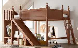 English Elm Queen Solid Pine Loft Bed with Wardrobe Shelves Detachable Slide and Dual Sleeping Zones Antique Natural W5305S00030