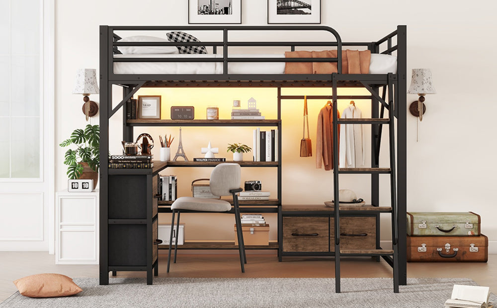 English Elm Queen Size Loft Bed With Desk & Led Lighting - Stylish Metal Bed With Storage & Workstation For Small Spaces W2593S00041-GIGA