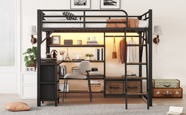 English Elm Queen Size Loft Bed With Desk & Led Lighting - Stylish Metal Bed With Storage & Workstation For Small Spaces W2593S00041-GIGA