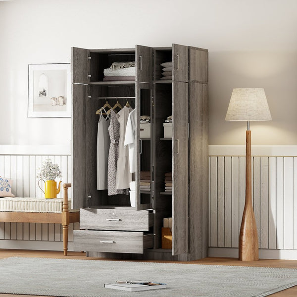 English Elm 3-door Mirrored Wardrobe with Full Length Dressing Mirror Drawers and Top Cabinet Gray LP006005AAE
