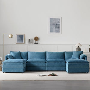 English Elm [new U-shaped Chenille Cloud Sectional 6 Seat Modular Sofa with Movable Ottoman Blue N723S6546C