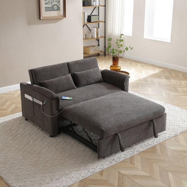 English Elm 55" Velvet Two Seater Pull Out Sofa Bed with USB Ports, Side Pockets, Adjustable Backrest, Compact Lounger DARK GREY W2677P288323