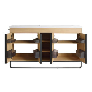 English Elm 60" Freestanding Bathroom Vanity with Dual Resin Sink, 4 Soft-Close Doors, 3 Open Shelves & Towel Hanger, Plywood Storage Boxes, Modern Durable Hardware W999S00480