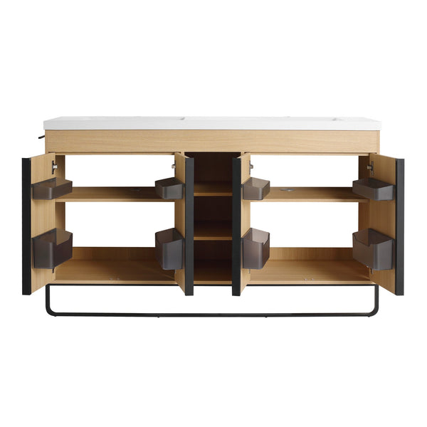 English Elm 60" Freestanding Bathroom Vanity with Dual Resin Sink, 4 Soft-Close Doors, 3 Open Shelves & Towel Hanger, Plywood Storage Boxes, Modern Durable Hardware W999S00480