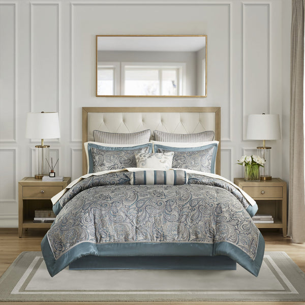 English Elm 12 Piece Comforter Set with Cotton Sateen Sheets Paisley Jacquard Bedding Queen Gray Accents Teal 19.29 L x 23.62 W x 12.2 H B035P148327