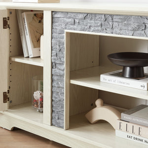 English Elm 70" Modern TV Stand with Faux Stone Top, Spacious 2-Door Media Console with Cable Management and Adjustable Shelves, Vintage Metal Handles, Durable MDF Construction for Living Room Entertainment (Fits up to 75") White W2275P342690