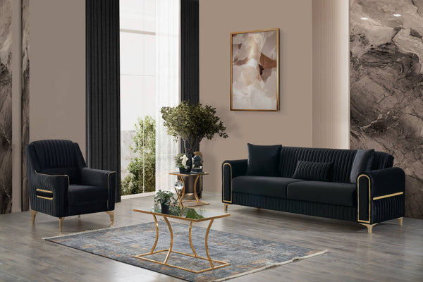 English Elm Melody Velvet Upholstered Sleeper Sofa with Gold Accents, Vertical Channel Tufting, Modern Convertible 92" Black B009S01832