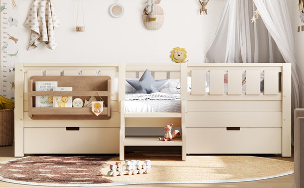 English Elm Twin Kids Storage Bed with Bookshelf Headboard Safety Staircase and Under Drawers Beige W1580P379183