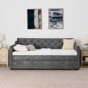 English Elm Twin Linen Tufted Daybed with Pop up Trundle and Usb Port for Guest Rooms Grey W1413S00128