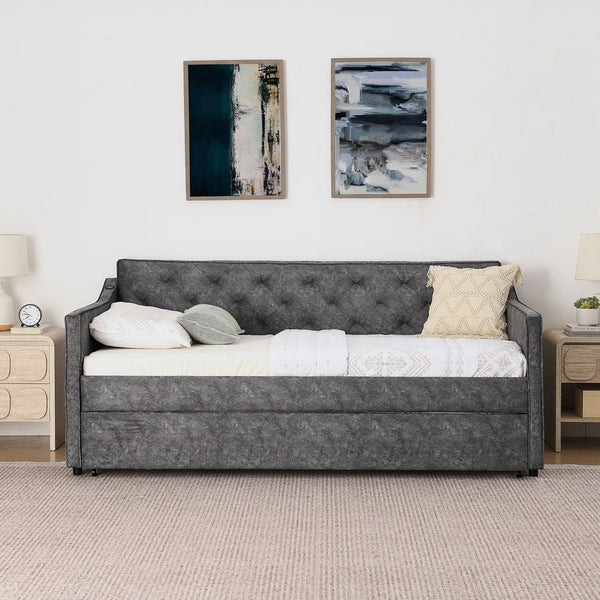 English Elm Twin Linen Tufted Daybed with Pop up Trundle and Usb Port for Guest Rooms Grey W1413S00128