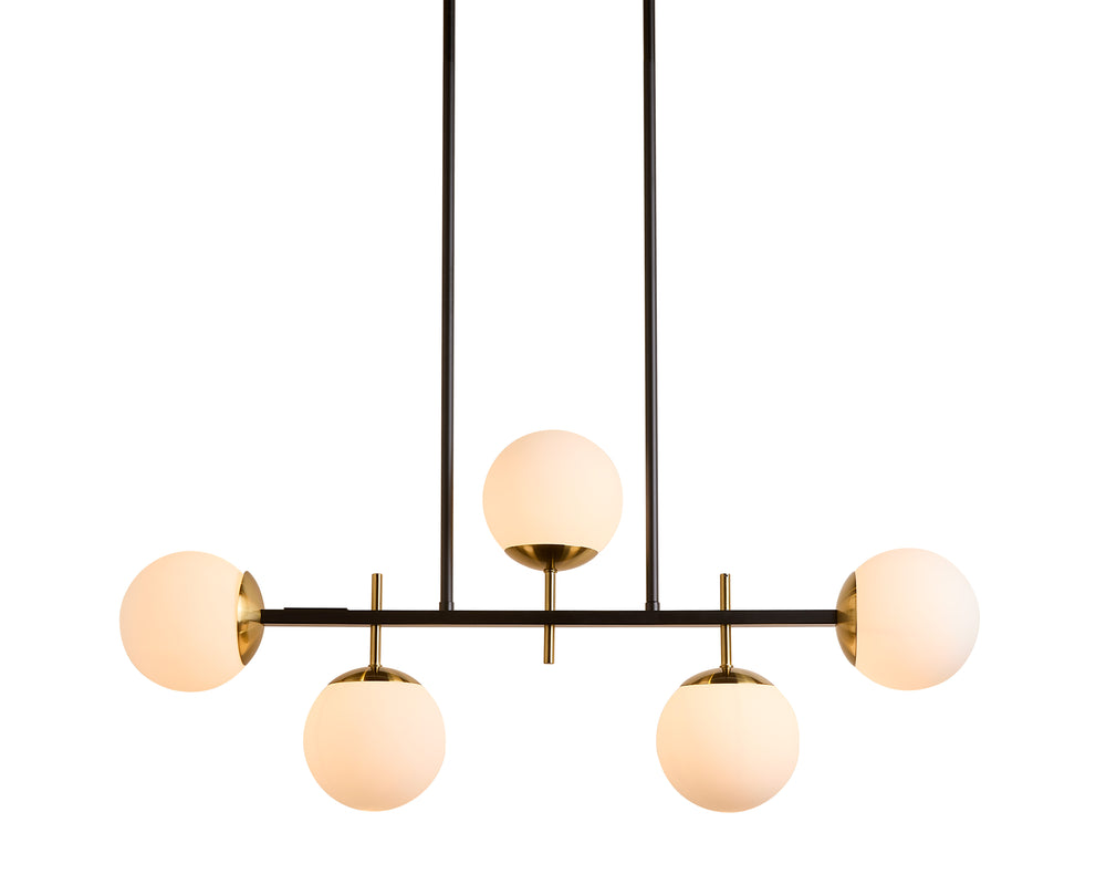 Sunpan Keiley Chandelier: Modern Five-Light Design with White Frosted Glass Shades and Matte Black Frame