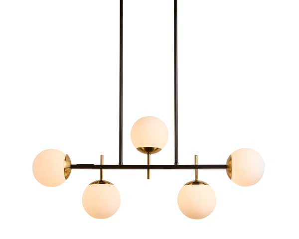 Sunpan Keiley Chandelier: Modern Five-Light Design with White Frosted Glass Shades and Matte Black Frame