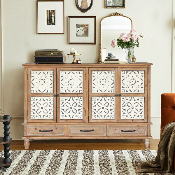 English Elm 59.06" Rustic Natural Wood Accent Cabinet with 4 Doors & 3 Drawers, Adjustable Shelves, Durable MDF W2295P290643