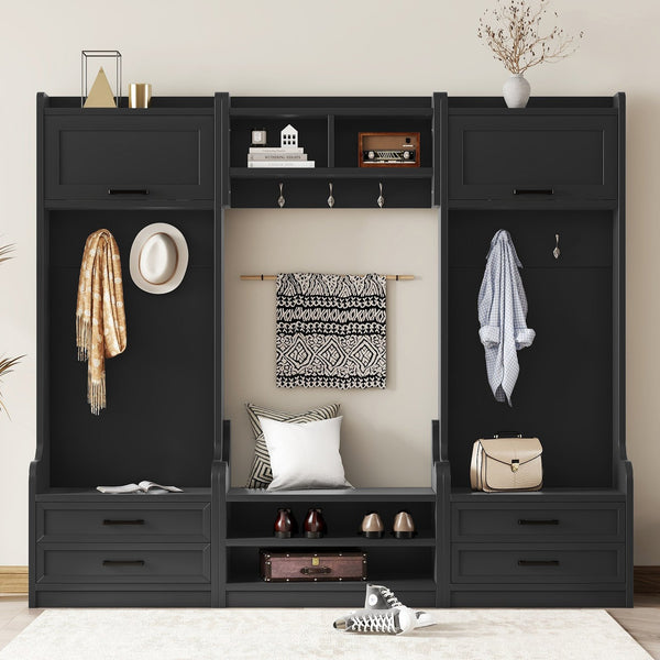 English Elm 4-in-1 Hall Tree with Bench, 7 Hooks, 2 Cabinets & 4 Drawers for Entryway Storage and Seating Black W1580S00089