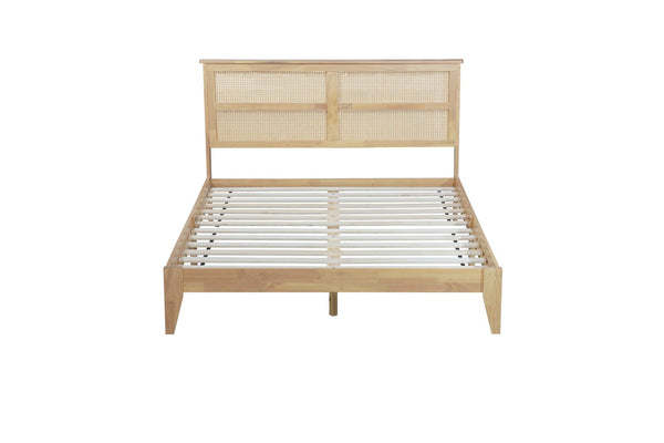 English Elm Queen Size Solid Rubberwood Bed With Rattan Headboard – Durable, Stylish & Space-Saving Design! W504P184305-GIGA
