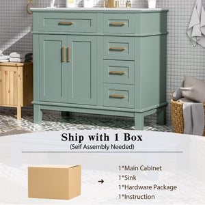 English Elm 36" Navy Bathroom Vanity Solid Wood Frame Ceramic Sink Gold Hardware Soft Close Light Green N729P380151F