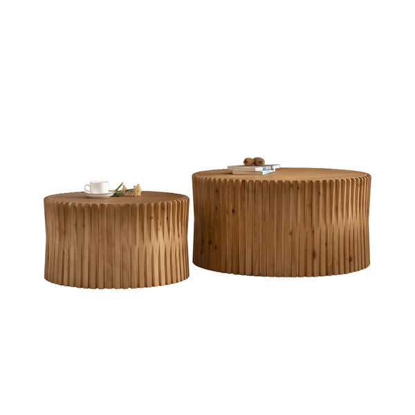 English Elm Vintage Cylindrical Nesting Coffee Table Set, Textured Embossed Wood Accent Tables for Living Room Natural W757P195740
