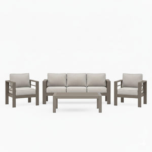 English Elm All-weather Outdoor 4 Piece Iron Conversation Set with Olefin Cushions and Wood Grain Table Beige B082S00103