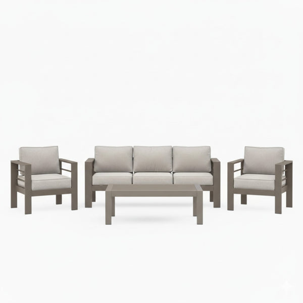 English Elm All-weather Outdoor 4 Piece Iron Conversation Set with Olefin Cushions and Wood Grain Table Beige B082S00103