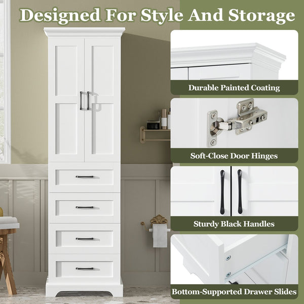 English Elm 71.6" Free-Standing Bathroom Vanity with Soft-Close Doors, 3 Drawers, Adjustable Shelves, White Finish N729P335599K