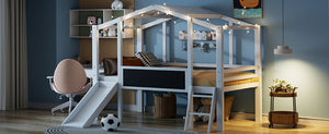 English Elm Twin House Loft Bed with Slide Chalkboard Panel and Led Roofline for Kids White WF324323AAK