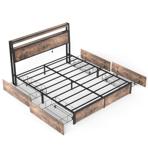 English Elm Queen Metal Platform Bed Rgb Led Headboard Charging Ports Under Storage 800lb T3963P491416