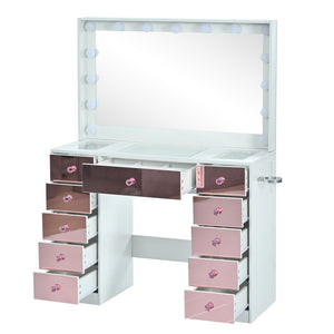 English Elm Makeup Vanity Desk Set with Hollywood Led Mirror Cushioned Stool and Crystal Drawer Pulls N704P340230K