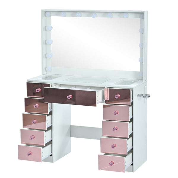 English Elm Makeup Vanity Desk Set with Hollywood Led Mirror Cushioned Stool and Crystal Drawer Pulls N704P340230K