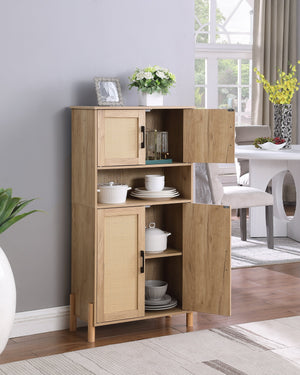 English Elm Mid-Century Woven Rattan Door Storage Cabinet with Adjustable Shelves and Solid Wood Legs, Stylish and Functional Natural 27.6 L x 15 W x 8.7 H W3151P288912