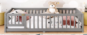 English Elm Full Floor Bed with Safety Guardrails and Play Door for Kids, Low Profile Pine Frame, 550lb Capacity Gray W1580P338951