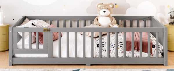 English Elm Full Floor Bed with Safety Guardrails and Play Door for Kids, Low Profile Pine Frame, 550lb Capacity Gray W1580P338951