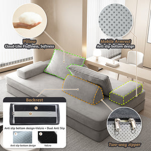 English Elm 86.6"Multifunctional Folding Sofa Bed with Chaise, Fluffy Chenille, Removable Backs & Pillows, Deep Seat Lounge LIGHT GREY W3219P340666