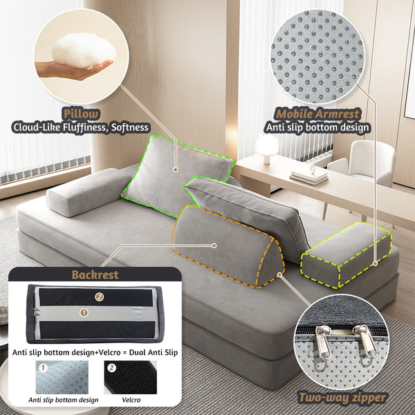English Elm 86.6"Multifunctional Folding Sofa Bed with Chaise, Fluffy Chenille, Removable Backs & Pillows, Deep Seat Lounge LIGHT GREY W3219P340666