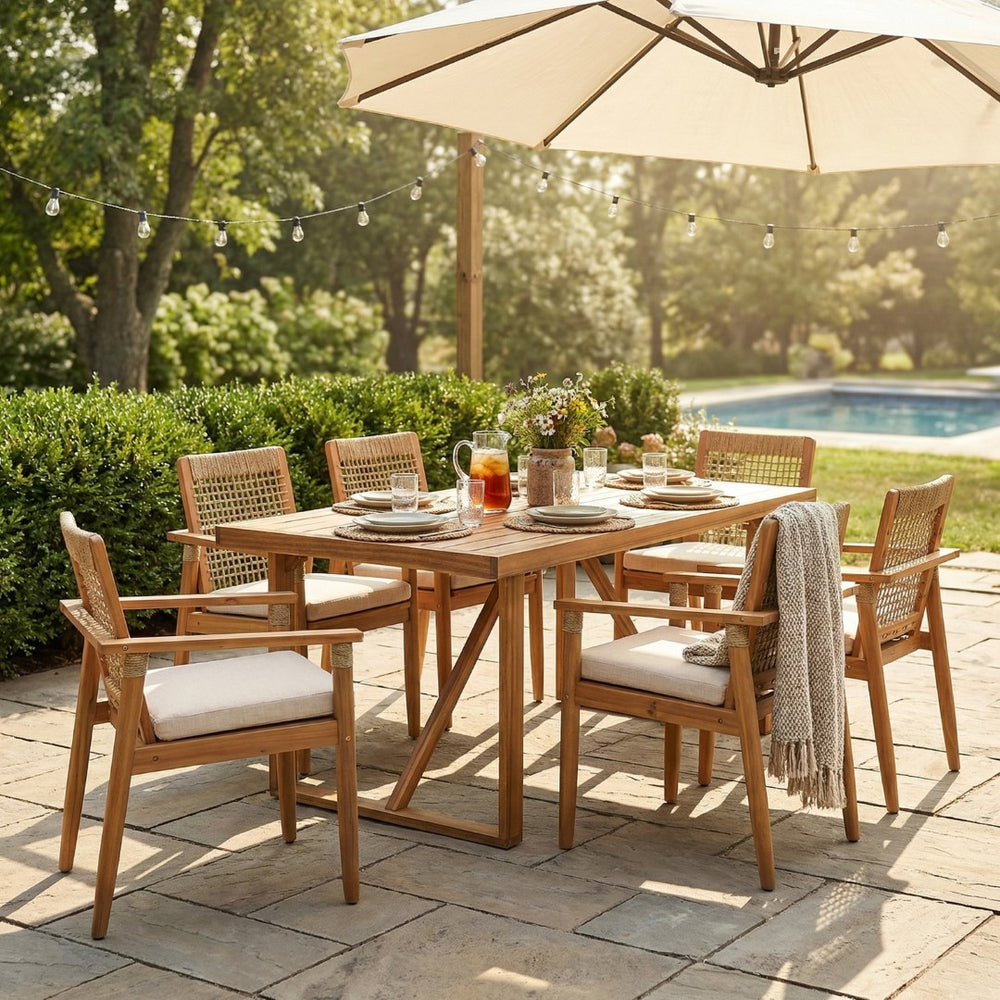 English Elm 7 Piece Acacia Wood Outdoor Dining Set Woven Rope Chairs Teak Finish Patio N762P371718D_N762P386379D6