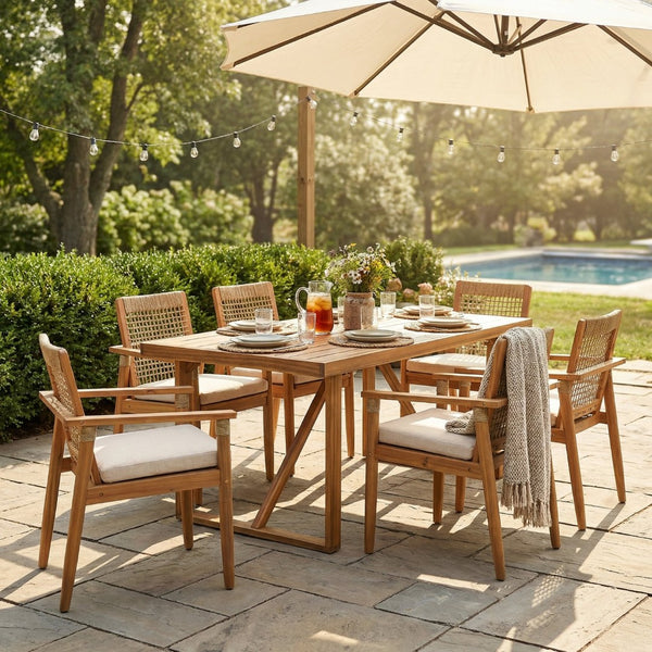 English Elm 7 Piece Acacia Wood Outdoor Dining Set Woven Rope Chairs Teak Finish Patio N762P371718D_N762P386379D6