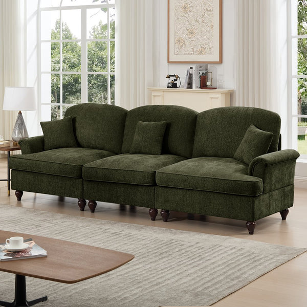 English Elm Elegant Mid Century 3-Seater Sofa With Flared Arms & Removable Skirts – Versatile Green Chenille Comfort W3041S00266