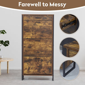 English Elm Shoe Cabinet Slim 3-Flip Drawers with Top Drawer and Metal Handles, Rustic Brown Entryway Organizer W2948P245242