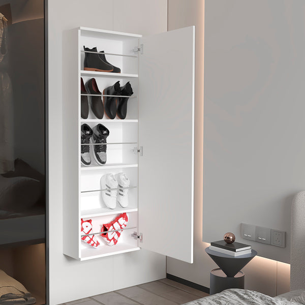English Elm Montauk Wall-Mounted 5-Shelf Shoe Cabinet with Full-Length Mirror Door Light Grey, Space-Saving Design B06280104