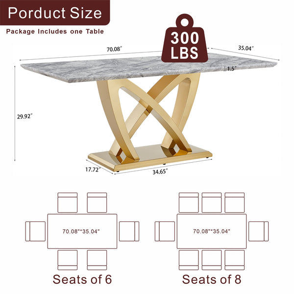 English Elm Marble Dining Table For 6 – Stylish 70'' Rectangle Faux Marble Top With Gold Stainless Steel Base W3456S00053