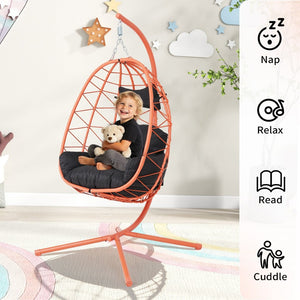 English Elm Hanging Egg Chair Wicker Swing with Stand Ergonomic Cradle for Patio or Bedroom T5880P497580