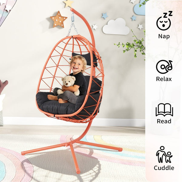 English Elm Hanging Egg Chair Wicker Swing with Stand Ergonomic Cradle for Patio or Bedroom T5880P497580