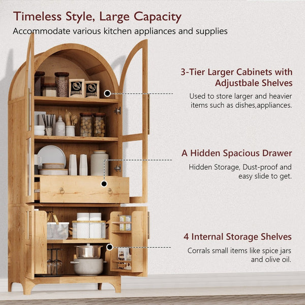 English Elm K&k Arched Farmhouse Pantry Cabinet Glass Doors Hidden Drawer Two Tone Kitchen Storage Natural N707S288969Y
